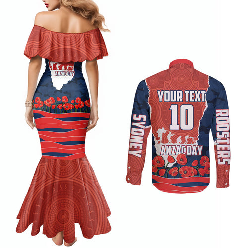 Personalized Sydney Roosters ANZAC Tribute Couples Matching Mermaid Dress and Long Sleeve Button Shirt Poppy Field Soldier Silhouette Aboriginal Rugby Mascot