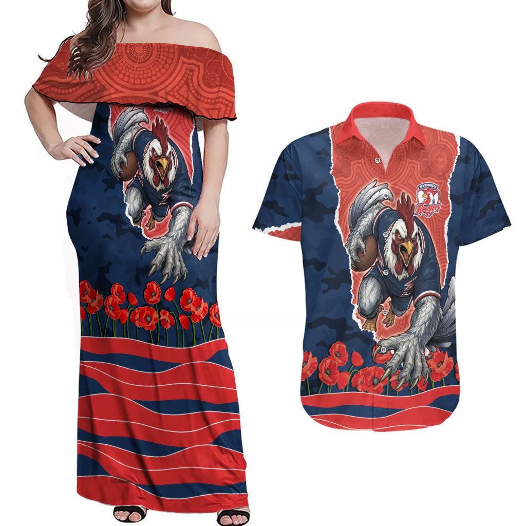Personalized Sydney Roosters ANZAC Tribute Couples Matching Off Shoulder Maxi Dress and Hawaiian Shirt Poppy Field Soldier Silhouette Aboriginal Rugby Mascot