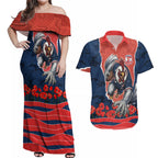 Personalized Sydney Roosters ANZAC Tribute Couples Matching Off Shoulder Maxi Dress and Hawaiian Shirt Poppy Field Soldier Silhouette Aboriginal Rugby Mascot