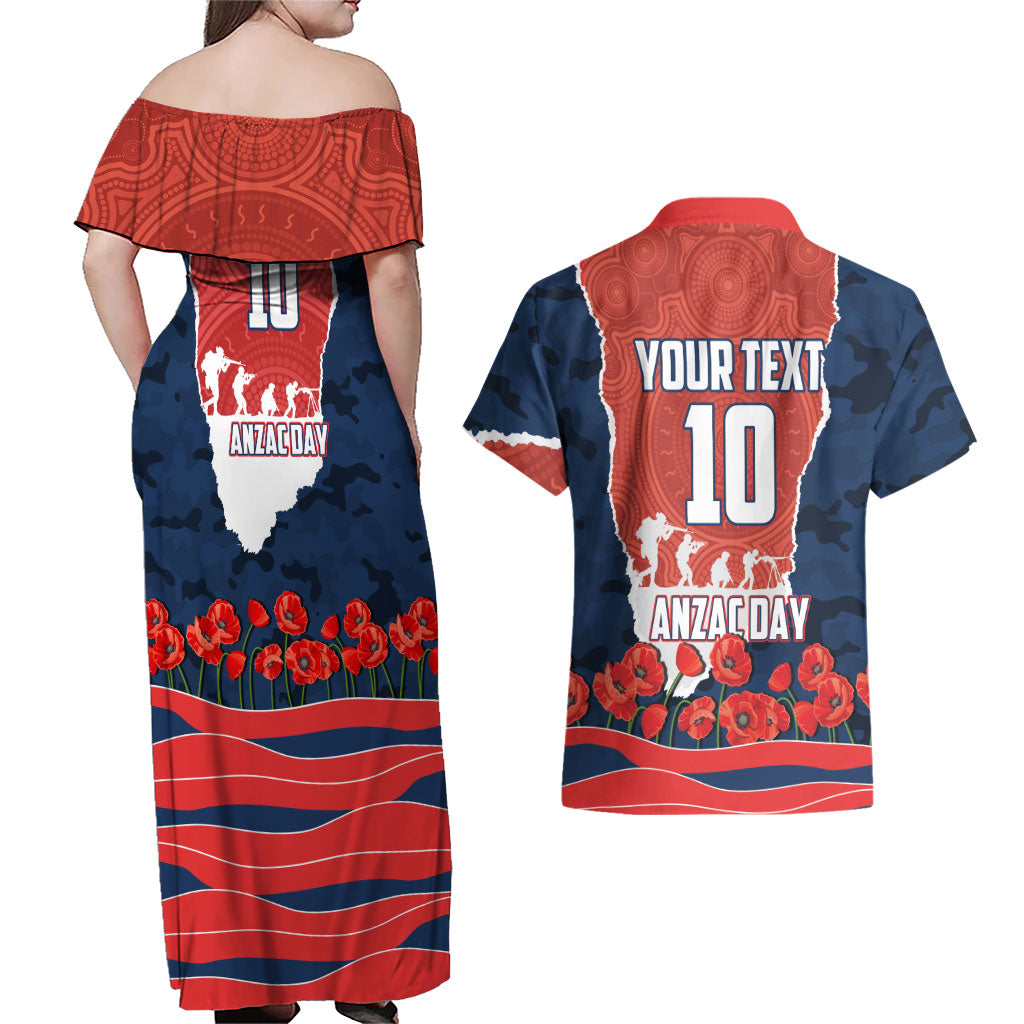 Personalized Sydney Roosters ANZAC Tribute Couples Matching Off Shoulder Maxi Dress and Hawaiian Shirt Poppy Field Soldier Silhouette Aboriginal Rugby Mascot