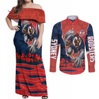 Personalized Sydney Roosters ANZAC Tribute Couples Matching Off Shoulder Maxi Dress and Long Sleeve Button Shirt Poppy Field Soldier Silhouette Aboriginal Rugby Mascot
