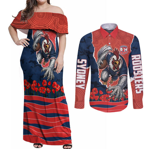 Personalized Sydney Roosters ANZAC Tribute Couples Matching Off Shoulder Maxi Dress and Long Sleeve Button Shirt Poppy Field Soldier Silhouette Aboriginal Rugby Mascot