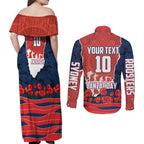Personalized Sydney Roosters ANZAC Tribute Couples Matching Off Shoulder Maxi Dress and Long Sleeve Button Shirt Poppy Field Soldier Silhouette Aboriginal Rugby Mascot