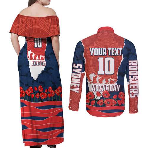 Personalized Sydney Roosters ANZAC Tribute Couples Matching Off Shoulder Maxi Dress and Long Sleeve Button Shirt Poppy Field Soldier Silhouette Aboriginal Rugby Mascot