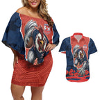 Personalized Sydney Roosters ANZAC Tribute Couples Matching Off Shoulder Short Dress and Hawaiian Shirt Poppy Field Soldier Silhouette Aboriginal Rugby Mascot