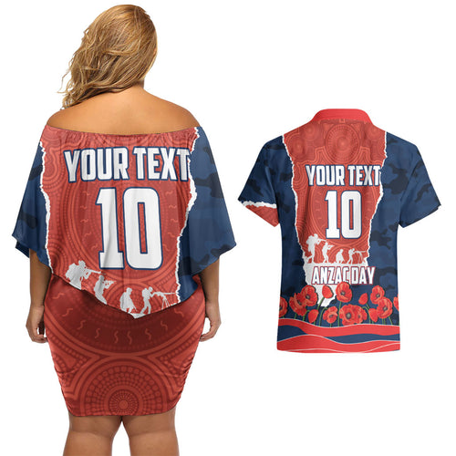 Personalized Sydney Roosters ANZAC Tribute Couples Matching Off Shoulder Short Dress and Hawaiian Shirt Poppy Field Soldier Silhouette Aboriginal Rugby Mascot