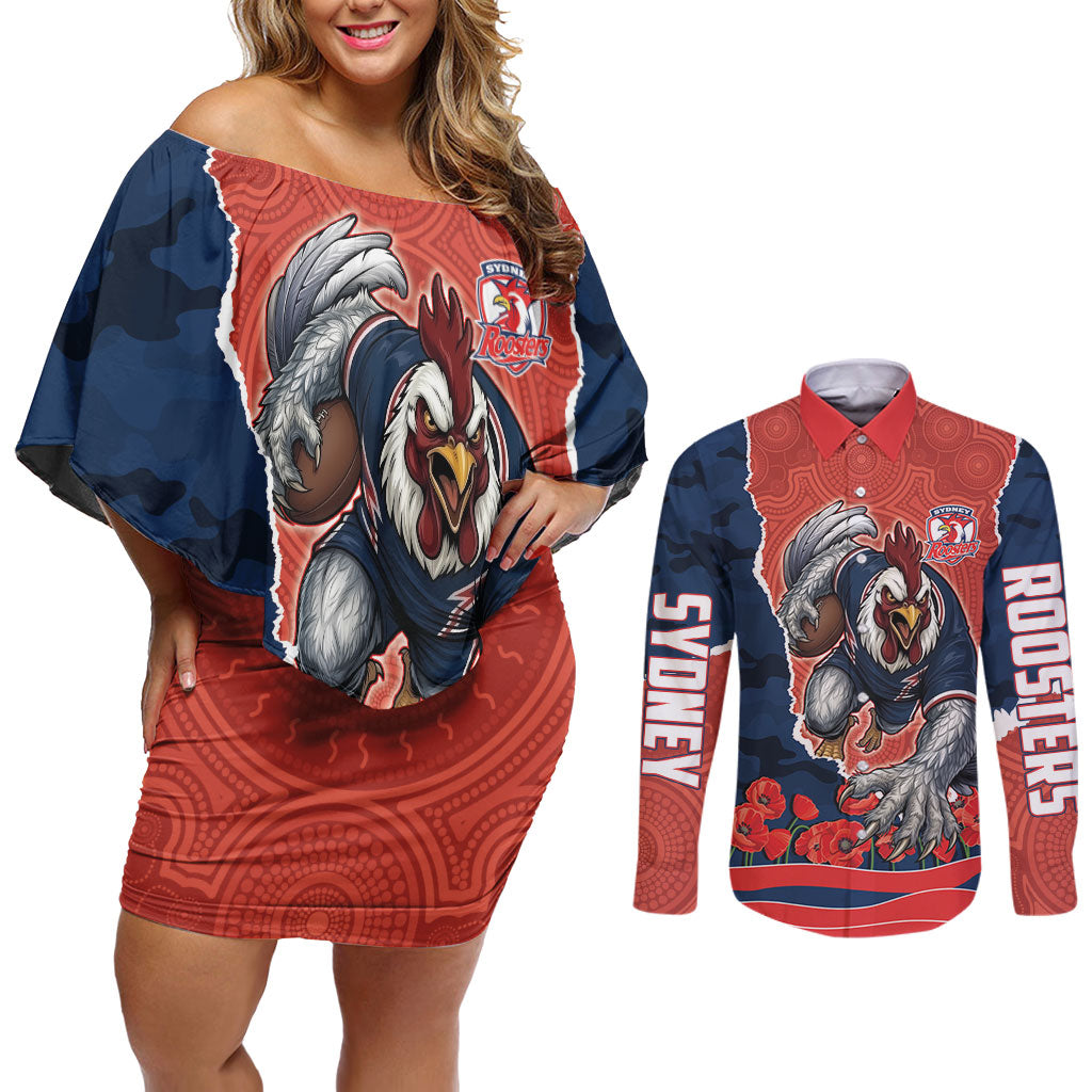 Personalized Sydney Roosters ANZAC Tribute Couples Matching Off Shoulder Short Dress and Long Sleeve Button Shirt Poppy Field Soldier Silhouette Aboriginal Rugby Mascot