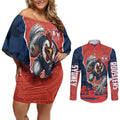 Personalized Sydney Roosters ANZAC Tribute Couples Matching Off Shoulder Short Dress and Long Sleeve Button Shirt Poppy Field Soldier Silhouette Aboriginal Rugby Mascot