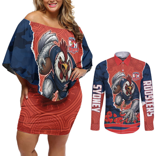 Personalized Sydney Roosters ANZAC Tribute Couples Matching Off Shoulder Short Dress and Long Sleeve Button Shirt Poppy Field Soldier Silhouette Aboriginal Rugby Mascot