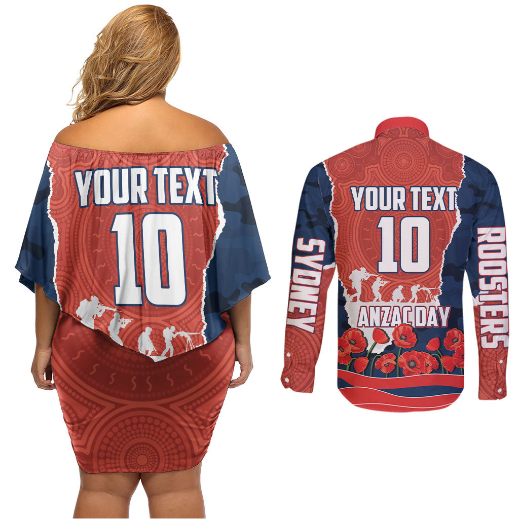 Personalized Sydney Roosters ANZAC Tribute Couples Matching Off Shoulder Short Dress and Long Sleeve Button Shirt Poppy Field Soldier Silhouette Aboriginal Rugby Mascot