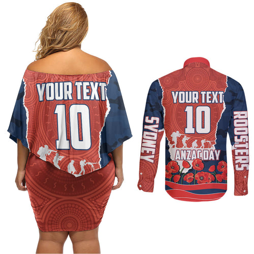 Personalized Sydney Roosters ANZAC Tribute Couples Matching Off Shoulder Short Dress and Long Sleeve Button Shirt Poppy Field Soldier Silhouette Aboriginal Rugby Mascot