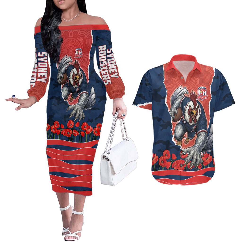 Personalized Sydney Roosters ANZAC Tribute Couples Matching Off The Shoulder Long Sleeve Dress and Hawaiian Shirt Poppy Field Soldier Silhouette Aboriginal Rugby Mascot