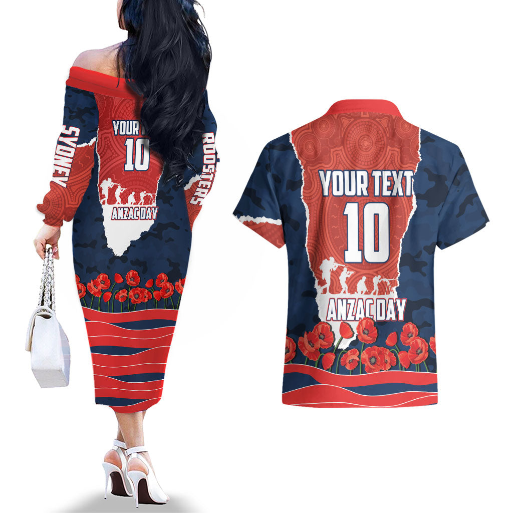 Personalized Sydney Roosters ANZAC Tribute Couples Matching Off The Shoulder Long Sleeve Dress and Hawaiian Shirt Poppy Field Soldier Silhouette Aboriginal Rugby Mascot