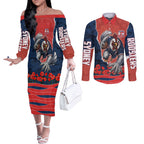 Personalized Sydney Roosters ANZAC Tribute Couples Matching Off The Shoulder Long Sleeve Dress and Long Sleeve Button Shirt Poppy Field Soldier Silhouette Aboriginal Rugby Mascot