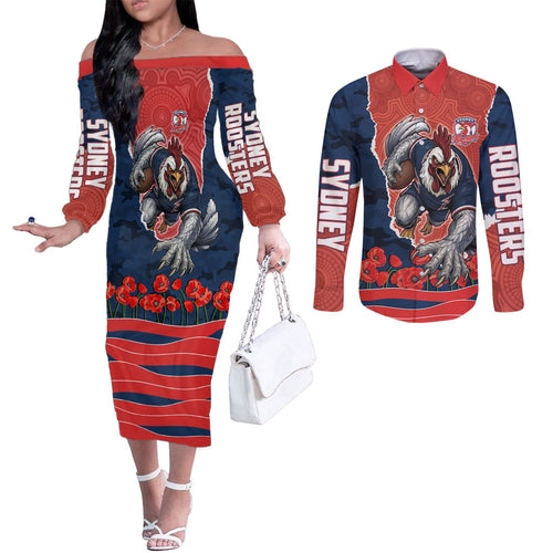 Personalized Sydney Roosters ANZAC Tribute Couples Matching Off The Shoulder Long Sleeve Dress and Long Sleeve Button Shirt Poppy Field Soldier Silhouette Aboriginal Rugby Mascot