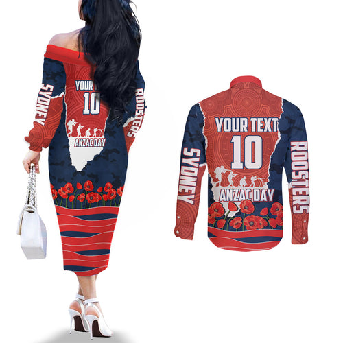 Personalized Sydney Roosters ANZAC Tribute Couples Matching Off The Shoulder Long Sleeve Dress and Long Sleeve Button Shirt Poppy Field Soldier Silhouette Aboriginal Rugby Mascot