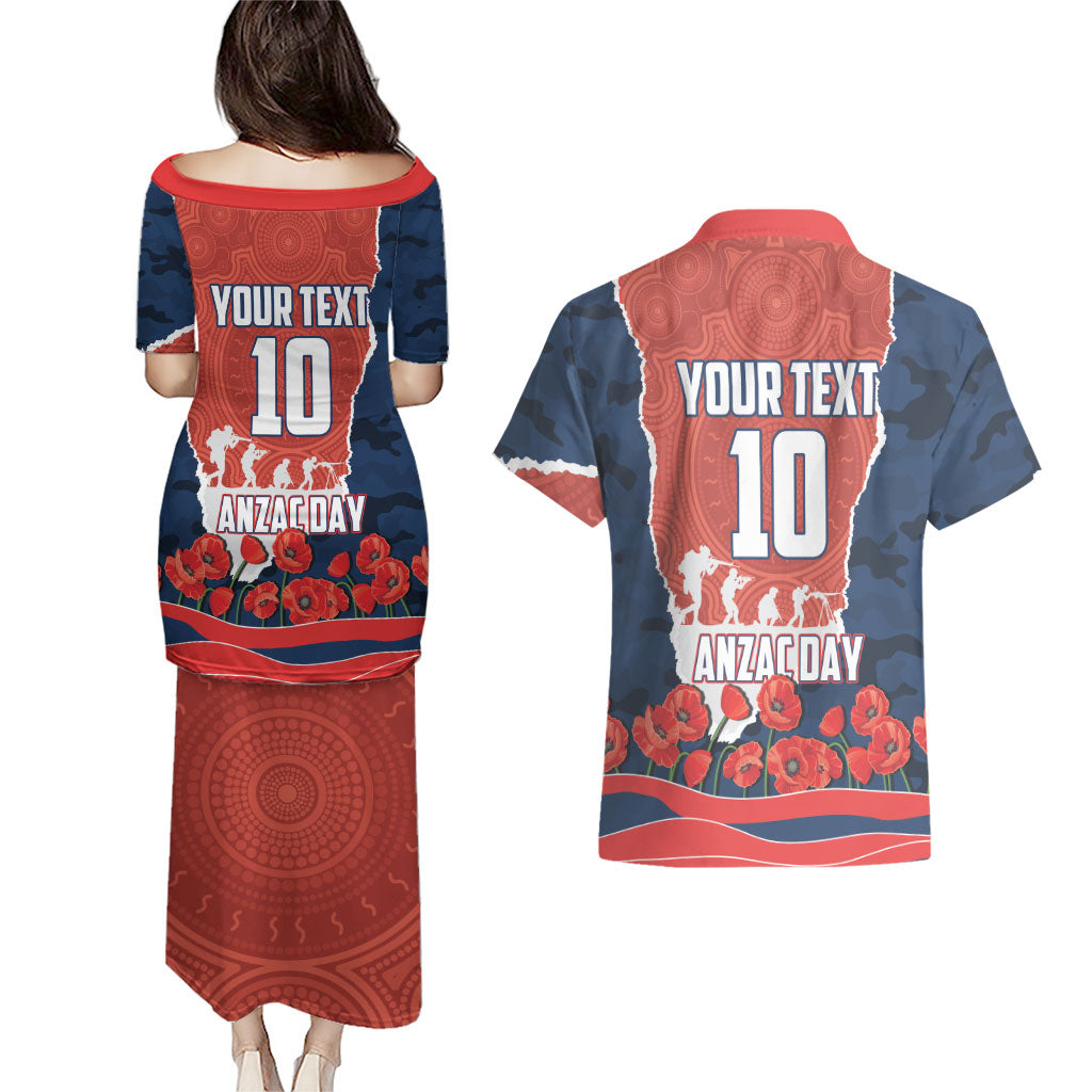 Personalized Sydney Roosters ANZAC Tribute Couples Matching Puletasi and Hawaiian Shirt Poppy Field Soldier Silhouette Aboriginal Rugby Mascot