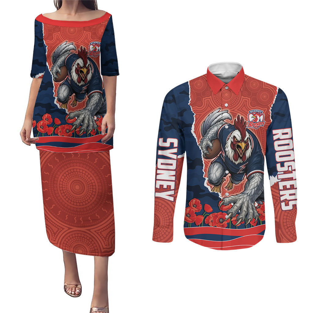 Personalized Sydney Roosters ANZAC Tribute Couples Matching Puletasi and Long Sleeve Button Shirt Poppy Field Soldier Silhouette Aboriginal Rugby Mascot