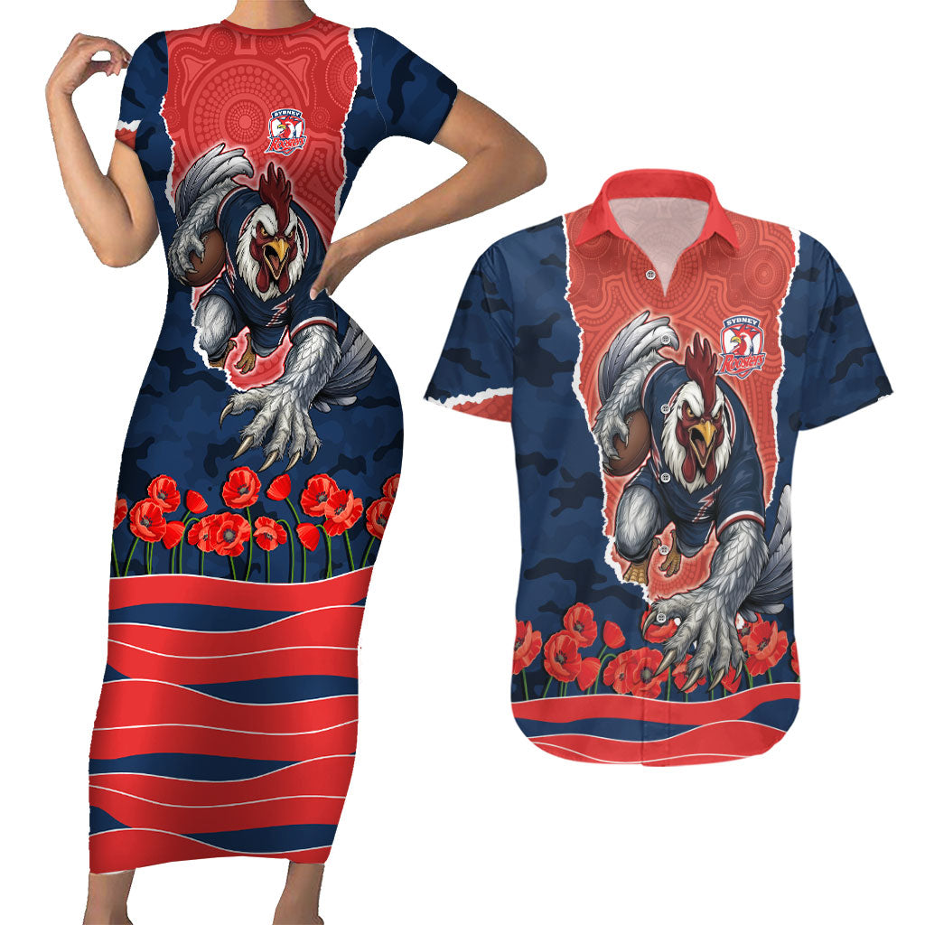 Personalized Sydney Roosters ANZAC Tribute Couples Matching Short Sleeve Bodycon Dress and Hawaiian Shirt Poppy Field Soldier Silhouette Aboriginal Rugby Mascot