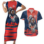 Personalized Sydney Roosters ANZAC Tribute Couples Matching Short Sleeve Bodycon Dress and Hawaiian Shirt Poppy Field Soldier Silhouette Aboriginal Rugby Mascot