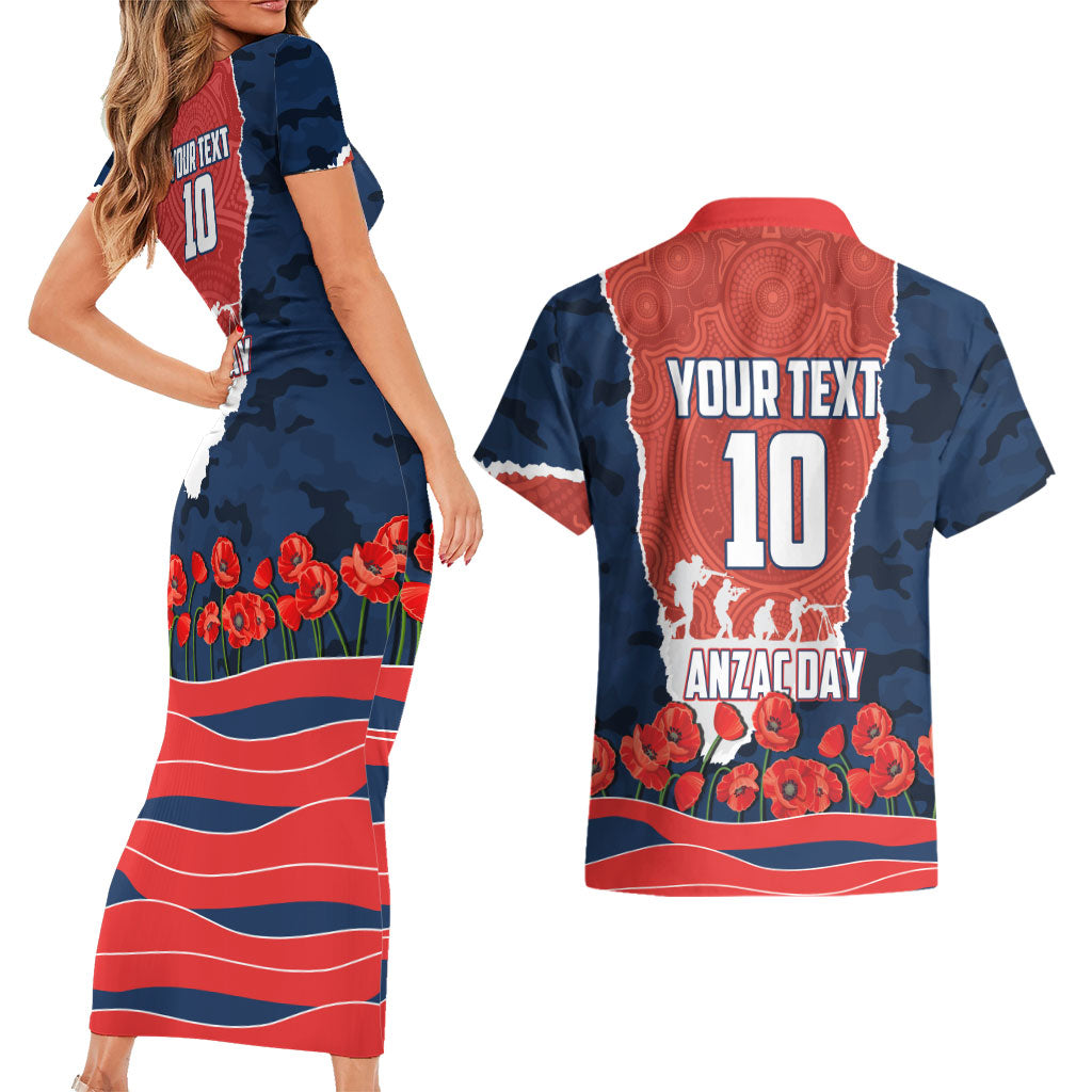Personalized Sydney Roosters ANZAC Tribute Couples Matching Short Sleeve Bodycon Dress and Hawaiian Shirt Poppy Field Soldier Silhouette Aboriginal Rugby Mascot