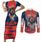 Personalized Sydney Roosters ANZAC Tribute Couples Matching Short Sleeve Bodycon Dress and Long Sleeve Button Shirt Poppy Field Soldier Silhouette Aboriginal Rugby Mascot