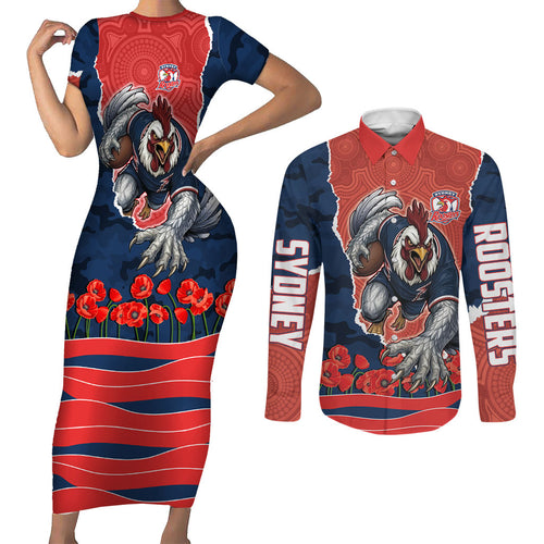 Personalized Sydney Roosters ANZAC Tribute Couples Matching Short Sleeve Bodycon Dress and Long Sleeve Button Shirt Poppy Field Soldier Silhouette Aboriginal Rugby Mascot