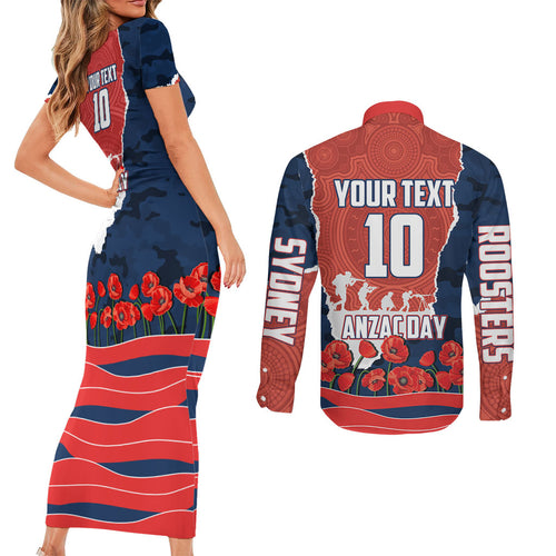 Personalized Sydney Roosters ANZAC Tribute Couples Matching Short Sleeve Bodycon Dress and Long Sleeve Button Shirt Poppy Field Soldier Silhouette Aboriginal Rugby Mascot
