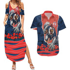 Personalized Sydney Roosters ANZAC Tribute Couples Matching Summer Maxi Dress and Hawaiian Shirt Poppy Field Soldier Silhouette Aboriginal Rugby Mascot
