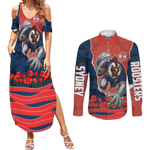 Personalized Sydney Roosters ANZAC Tribute Couples Matching Summer Maxi Dress and Long Sleeve Button Shirt Poppy Field Soldier Silhouette Aboriginal Rugby Mascot