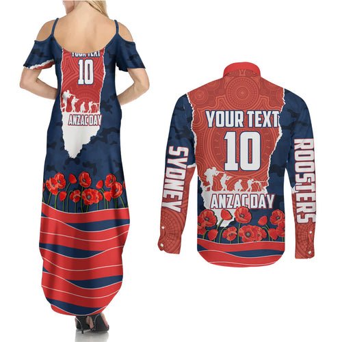 Personalized Sydney Roosters ANZAC Tribute Couples Matching Summer Maxi Dress and Long Sleeve Button Shirt Poppy Field Soldier Silhouette Aboriginal Rugby Mascot