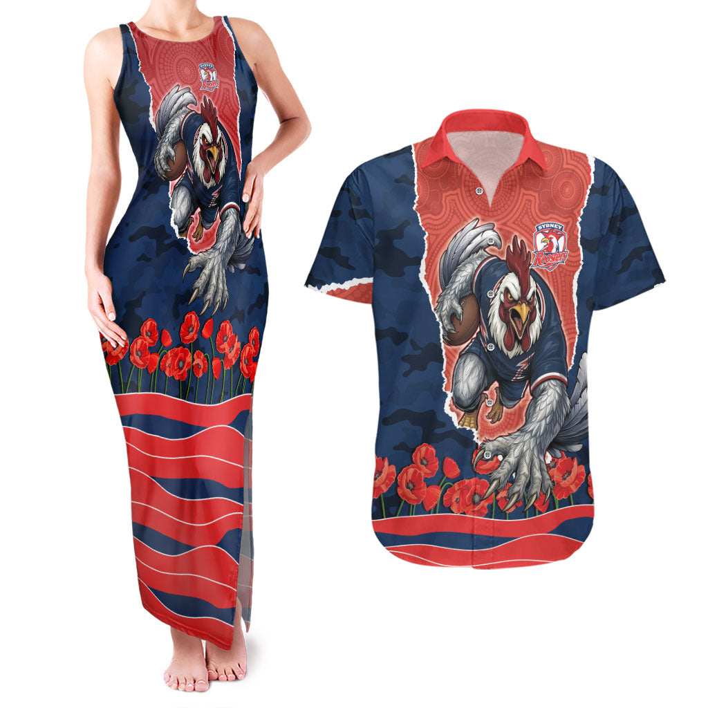 Personalized Sydney Roosters ANZAC Tribute Couples Matching Tank Maxi Dress and Hawaiian Shirt Poppy Field Soldier Silhouette Aboriginal Rugby Mascot