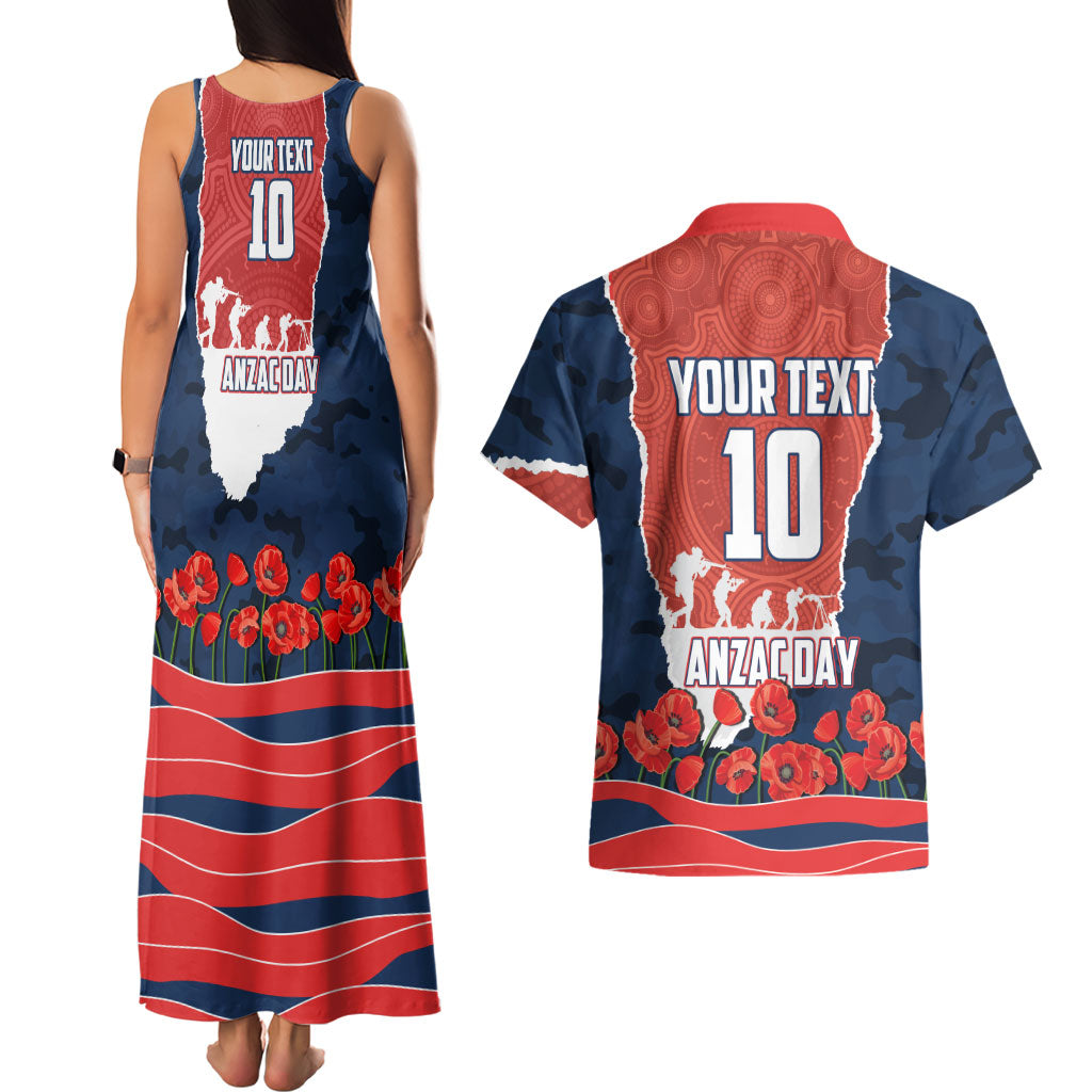Personalized Sydney Roosters ANZAC Tribute Couples Matching Tank Maxi Dress and Hawaiian Shirt Poppy Field Soldier Silhouette Aboriginal Rugby Mascot