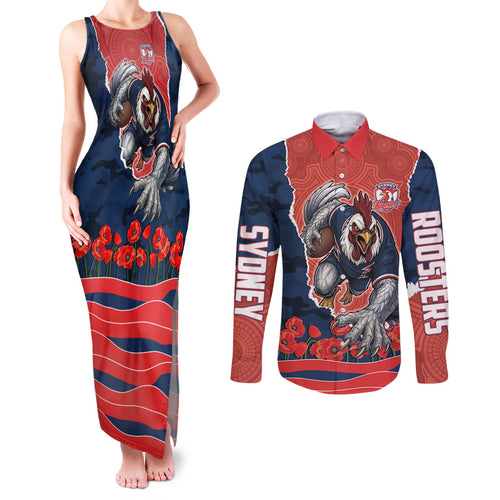 Personalized Sydney Roosters ANZAC Tribute Couples Matching Tank Maxi Dress and Long Sleeve Button Shirt Poppy Field Soldier Silhouette Aboriginal Rugby Mascot