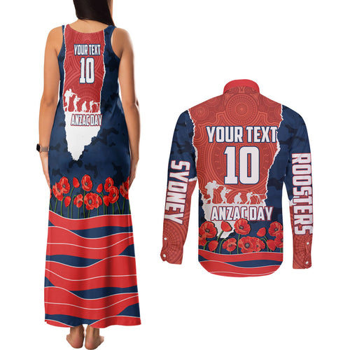 Personalized Sydney Roosters ANZAC Tribute Couples Matching Tank Maxi Dress and Long Sleeve Button Shirt Poppy Field Soldier Silhouette Aboriginal Rugby Mascot