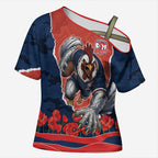 Personalized Sydney Roosters ANZAC Tribute Cross Shoulder Shirt Poppy Field Soldier Silhouette Aboriginal Rugby Mascot
