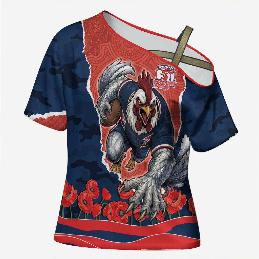 Personalized Sydney Roosters ANZAC Tribute Cross Shoulder Shirt Poppy Field Soldier Silhouette Aboriginal Rugby Mascot