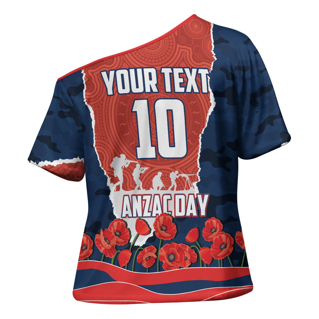 Personalized Sydney Roosters ANZAC Tribute Cross Shoulder Shirt Poppy Field Soldier Silhouette Aboriginal Rugby Mascot