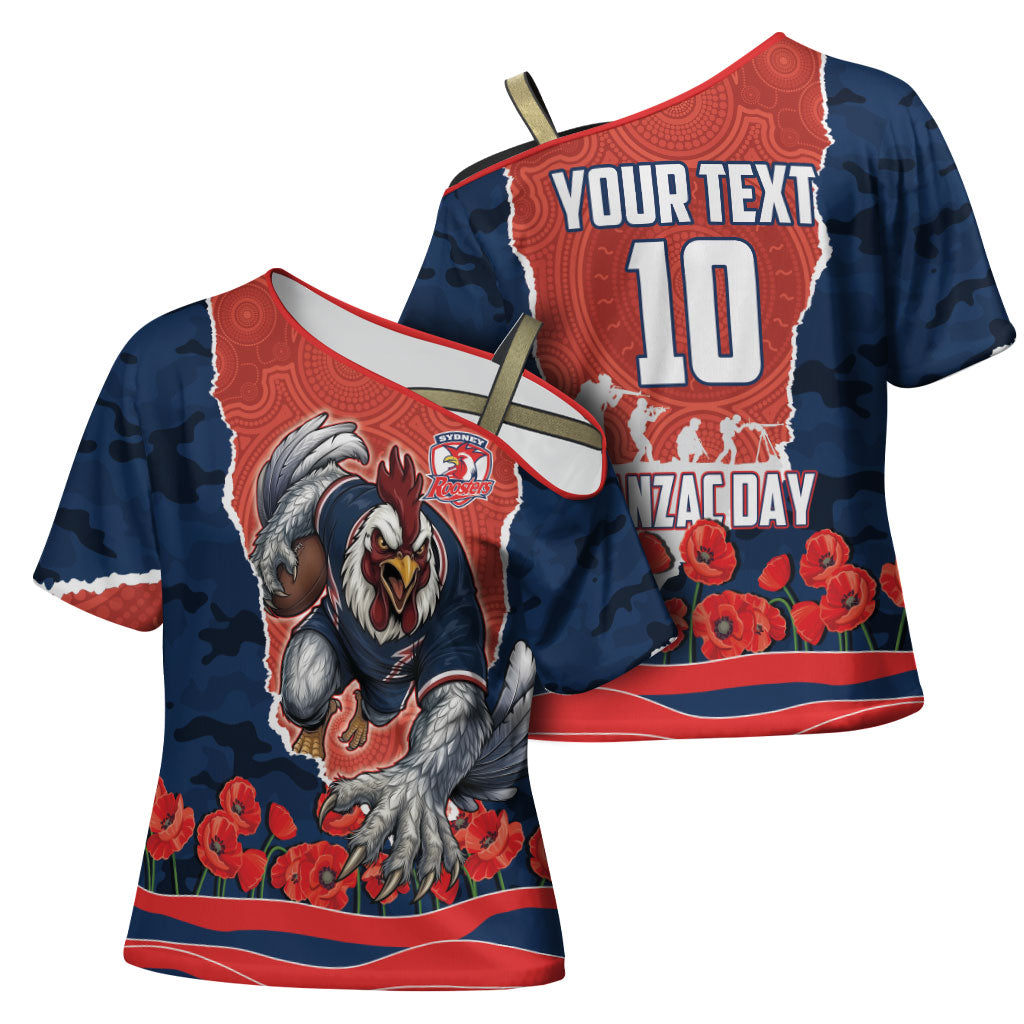 Personalized Sydney Roosters ANZAC Tribute Cross Shoulder Shirt Poppy Field Soldier Silhouette Aboriginal Rugby Mascot