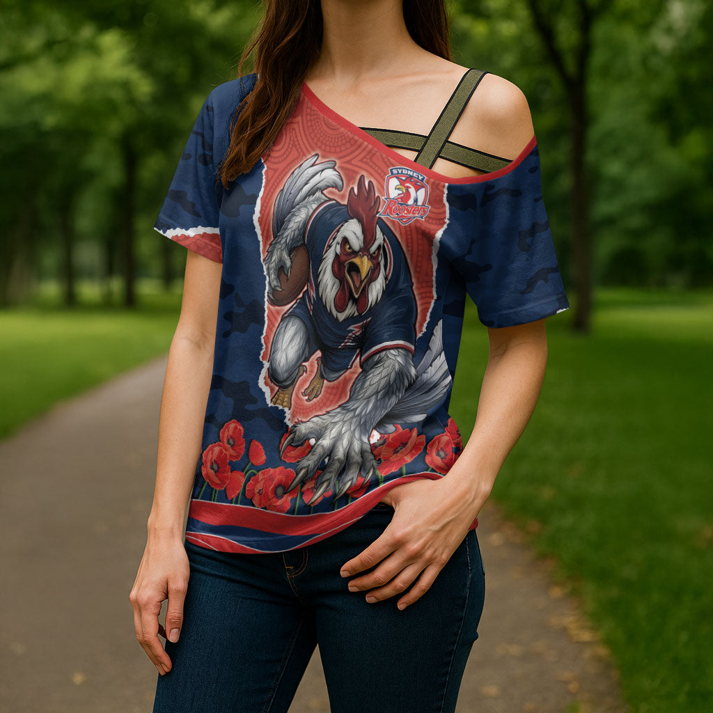 Personalized Sydney Roosters ANZAC Tribute Cross Shoulder Shirt Poppy Field Soldier Silhouette Aboriginal Rugby Mascot
