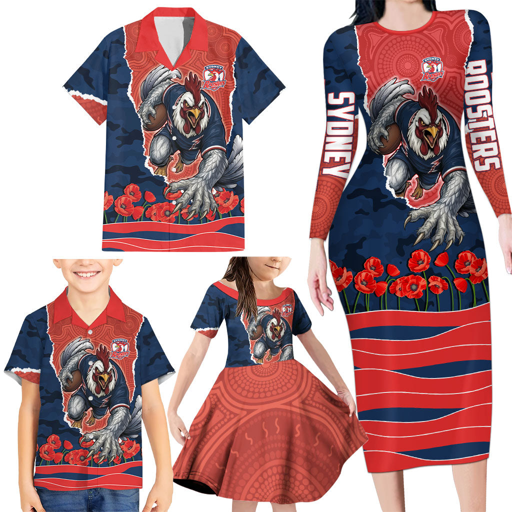 Personalized Sydney Roosters ANZAC Tribute Family Matching Long Sleeve Bodycon Dress and Hawaiian Shirt Poppy Field Soldier Silhouette Aboriginal Rugby Mascot