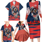 Personalized Sydney Roosters ANZAC Tribute Family Matching Long Sleeve Bodycon Dress and Hawaiian Shirt Poppy Field Soldier Silhouette Aboriginal Rugby Mascot