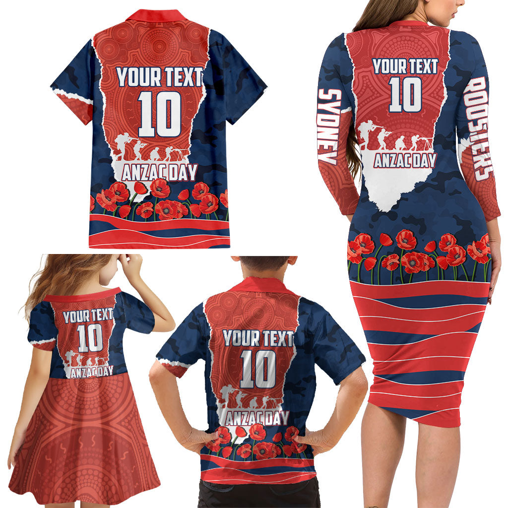 Personalized Sydney Roosters ANZAC Tribute Family Matching Long Sleeve Bodycon Dress and Hawaiian Shirt Poppy Field Soldier Silhouette Aboriginal Rugby Mascot