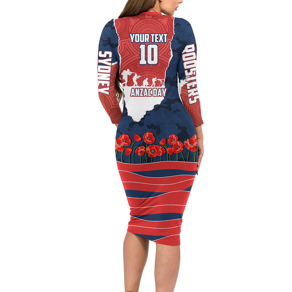 Personalized Sydney Roosters ANZAC Tribute Family Matching Long Sleeve Bodycon Dress and Hawaiian Shirt Poppy Field Soldier Silhouette Aboriginal Rugby Mascot