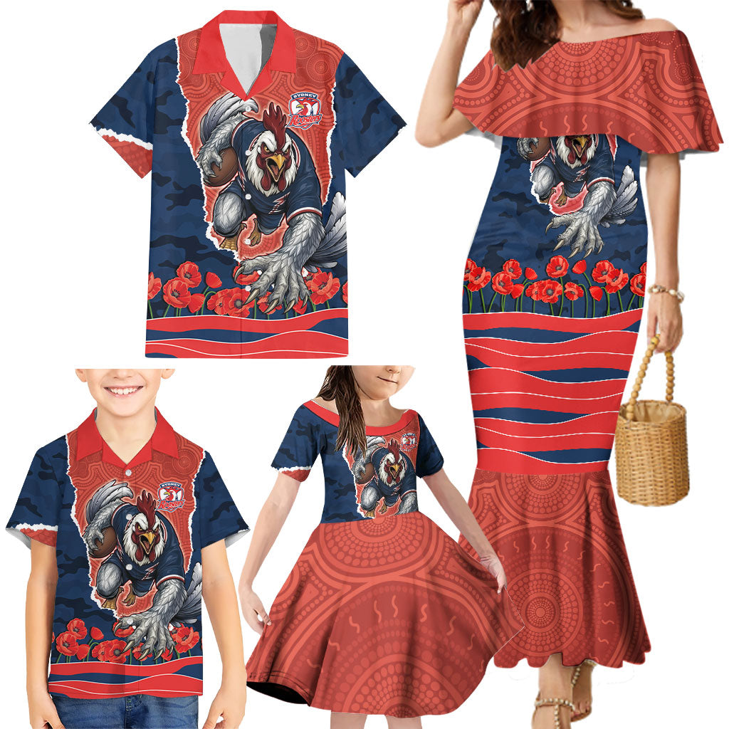 Personalized Sydney Roosters ANZAC Tribute Family Matching Mermaid Dress and Hawaiian Shirt Poppy Field Soldier Silhouette Aboriginal Rugby Mascot