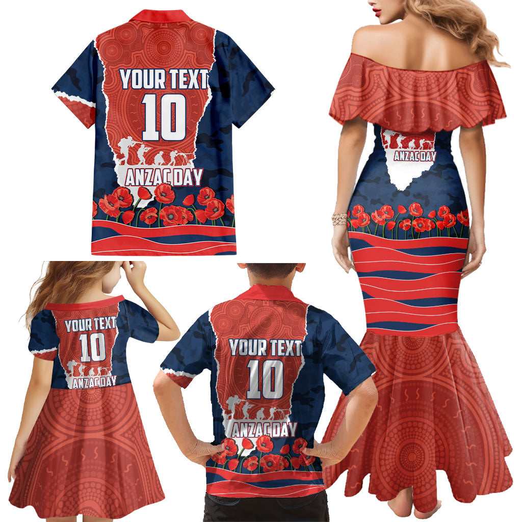 Personalized Sydney Roosters ANZAC Tribute Family Matching Mermaid Dress and Hawaiian Shirt Poppy Field Soldier Silhouette Aboriginal Rugby Mascot
