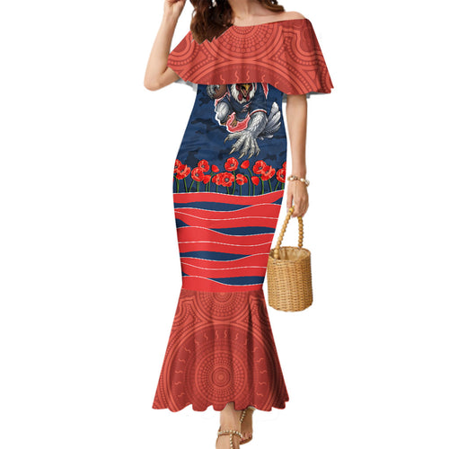 Personalized Sydney Roosters ANZAC Tribute Family Matching Mermaid Dress and Hawaiian Shirt Poppy Field Soldier Silhouette Aboriginal Rugby Mascot