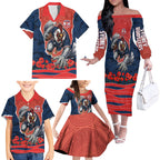 Personalized Sydney Roosters ANZAC Tribute Family Matching Off The Shoulder Long Sleeve Dress and Hawaiian Shirt Poppy Field Soldier Silhouette Aboriginal Rugby Mascot