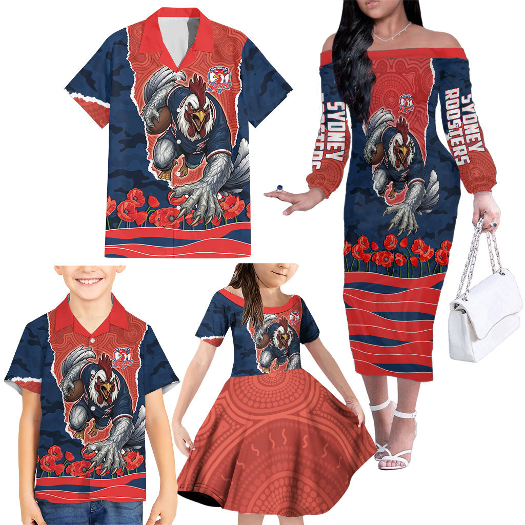 Personalized Sydney Roosters ANZAC Tribute Family Matching Off The Shoulder Long Sleeve Dress and Hawaiian Shirt Poppy Field Soldier Silhouette Aboriginal Rugby Mascot