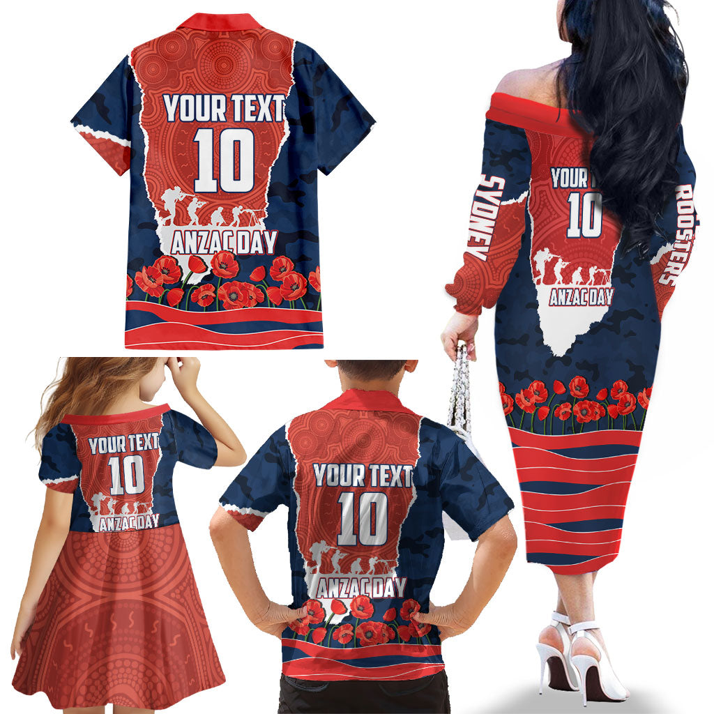 Personalized Sydney Roosters ANZAC Tribute Family Matching Off The Shoulder Long Sleeve Dress and Hawaiian Shirt Poppy Field Soldier Silhouette Aboriginal Rugby Mascot
